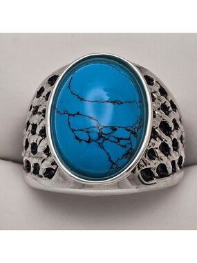 Blue Turquoise Oval Statement Ring Silver Tone Unisex Boho Southwestern Size 8